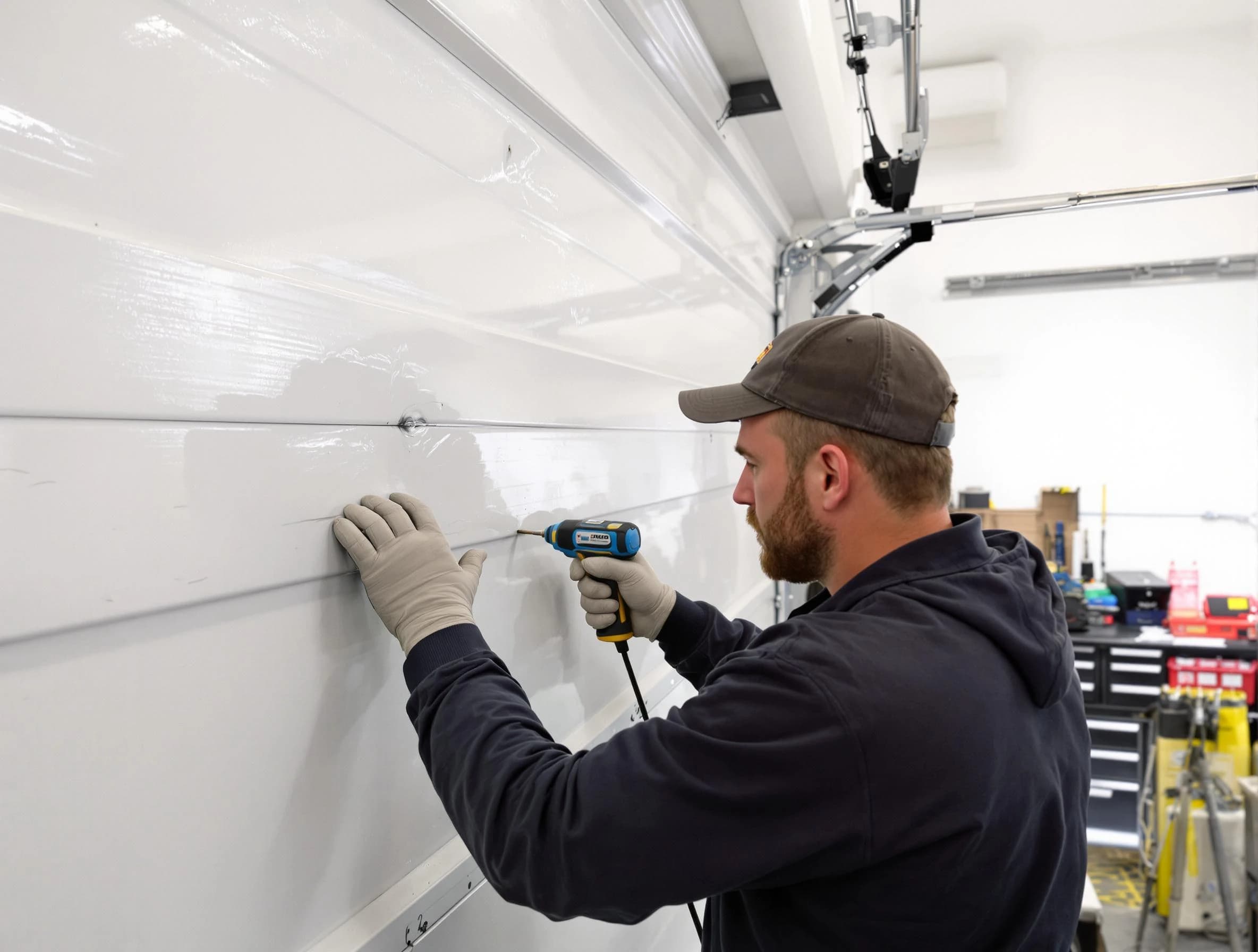 Oklahoma City Garage Door Repair technician demonstrating precision dent removal techniques on a Oklahoma City garage door